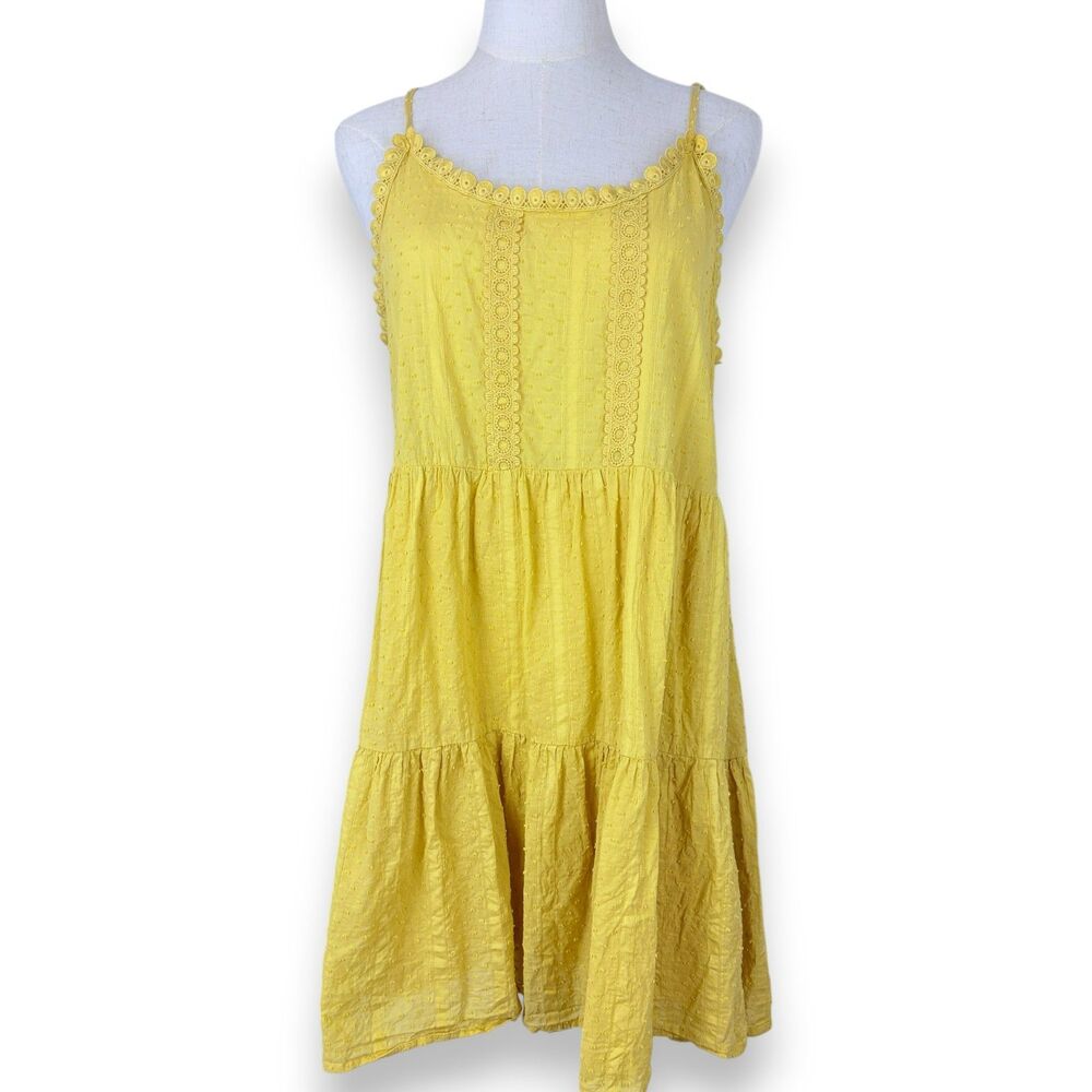 Sweet Wanderer Yellow Swiss Dot Boho Midi Dress Lace Trim Sundress LG